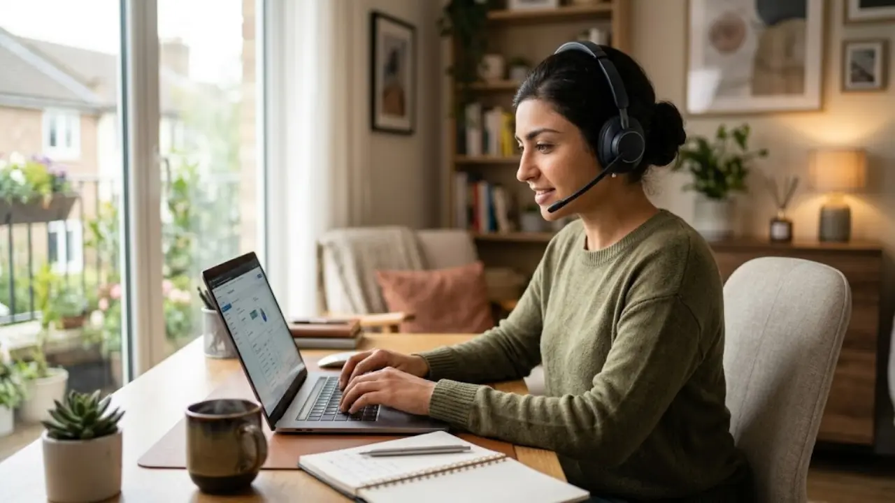 A professional photograph of a young Indian woman working from home with a headset, representing Amazon Virtual Customer Support WFH jobs.