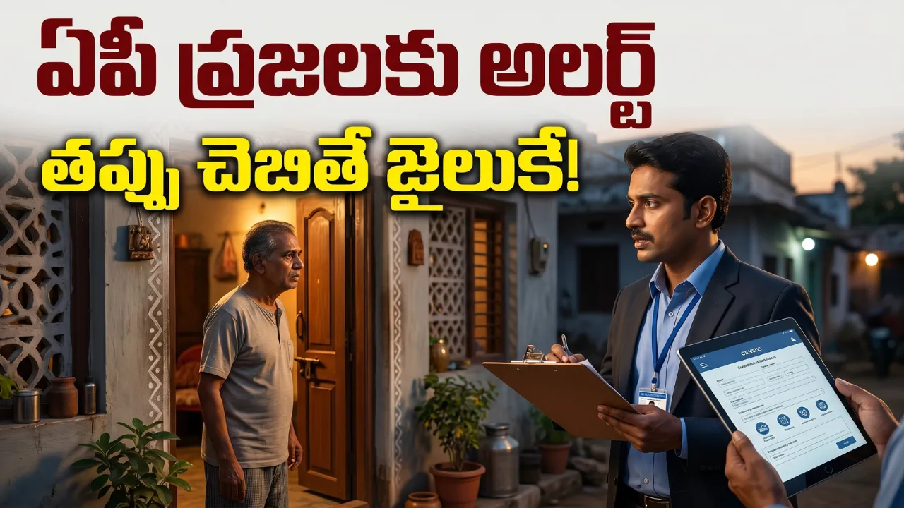 An Indian government official collecting Census 2027 data at a doorstep, representing the AP Government GO 38 guidelines and penalties for false information.