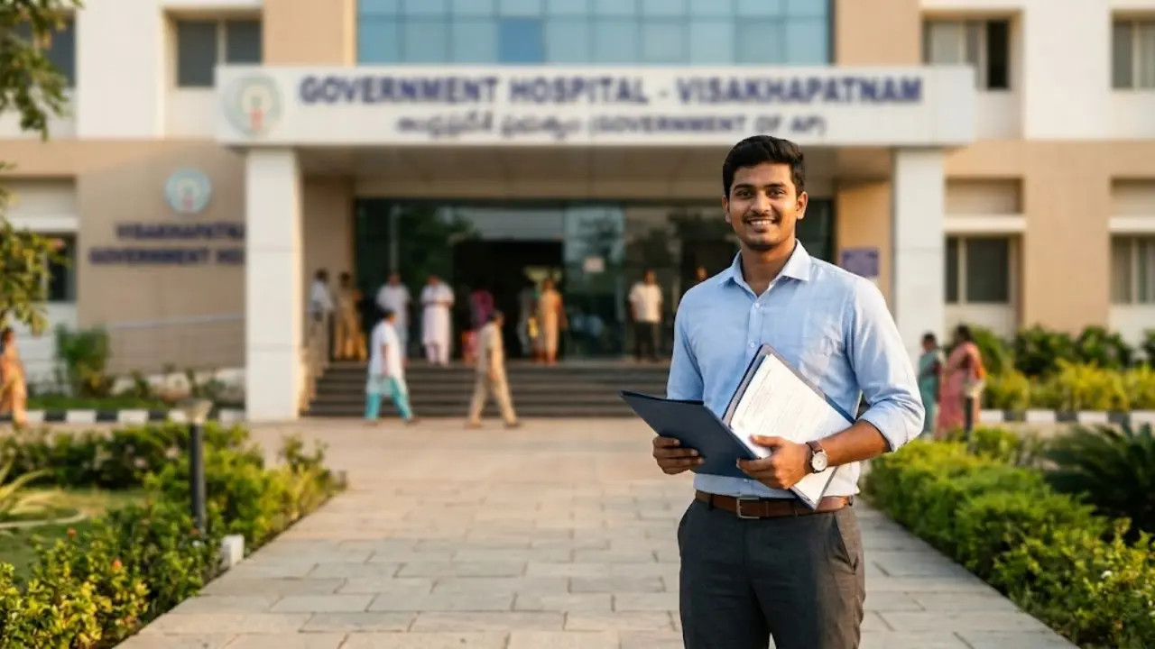 A professional photograph of a young Indian male outside a hospital holding an application form representing AP Govt hospital jobs in Rajahmundry.