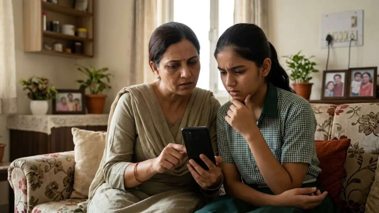 A professional photograph of an Indian student and parent checking smartphone representing AP SSC Class 10th Results 2026 fake news clarification by govt.