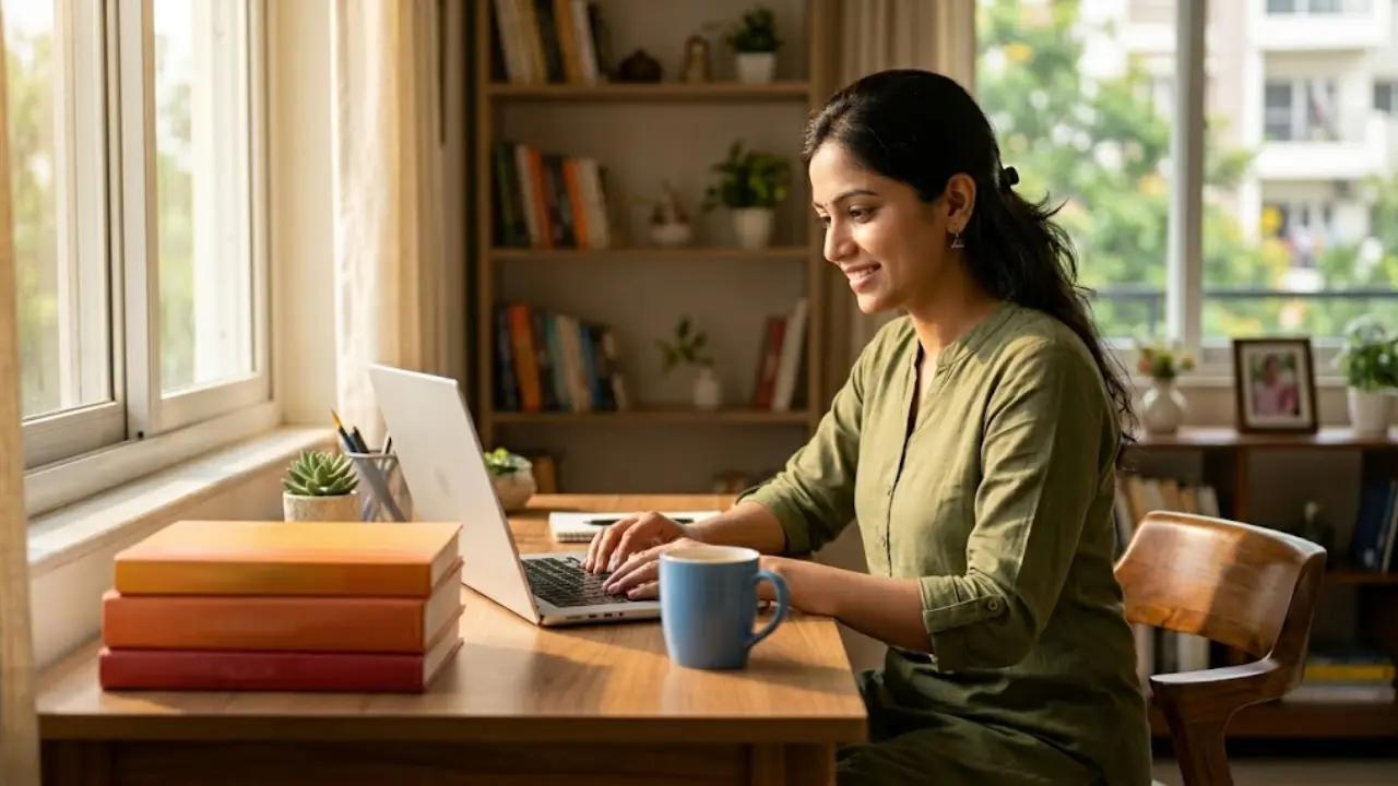 A professional photograph of an Indian female working from home on a laptop representing Khan Academy Telugu localization expert freelance jobs.