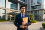 A confident young job aspirant standing in front of a modern government office building representing NHPC recruitment 2026 telugu notification details.