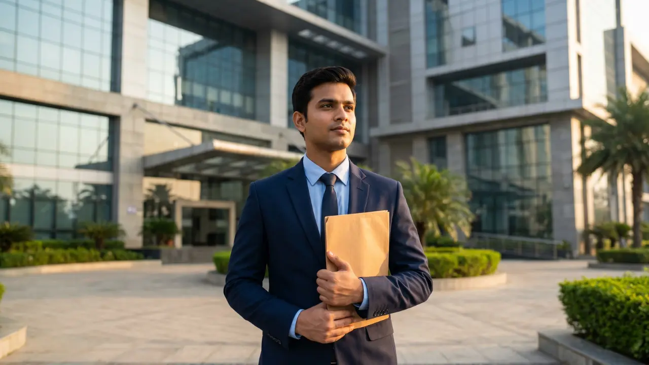 A confident young job aspirant standing in front of a modern government office building representing NHPC recruitment 2026 telugu notification details.