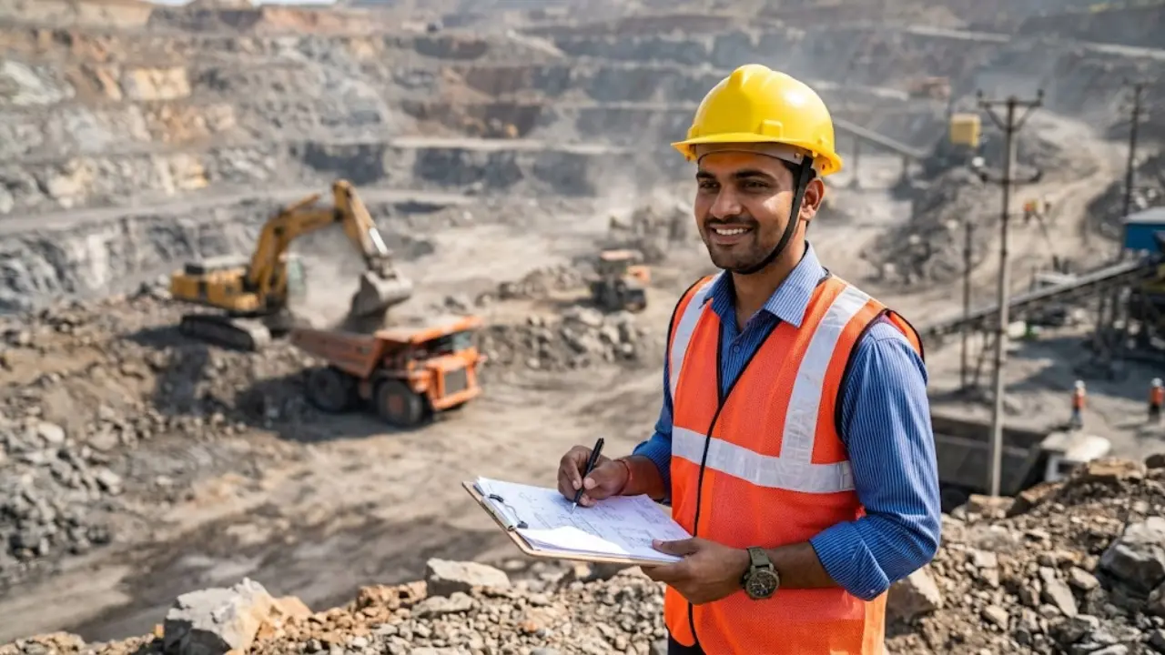 A professional photograph of a young Indian mining engineer representing NMDC Junior Engineer recruitment 2026 telugu notification for 59 vacancies.