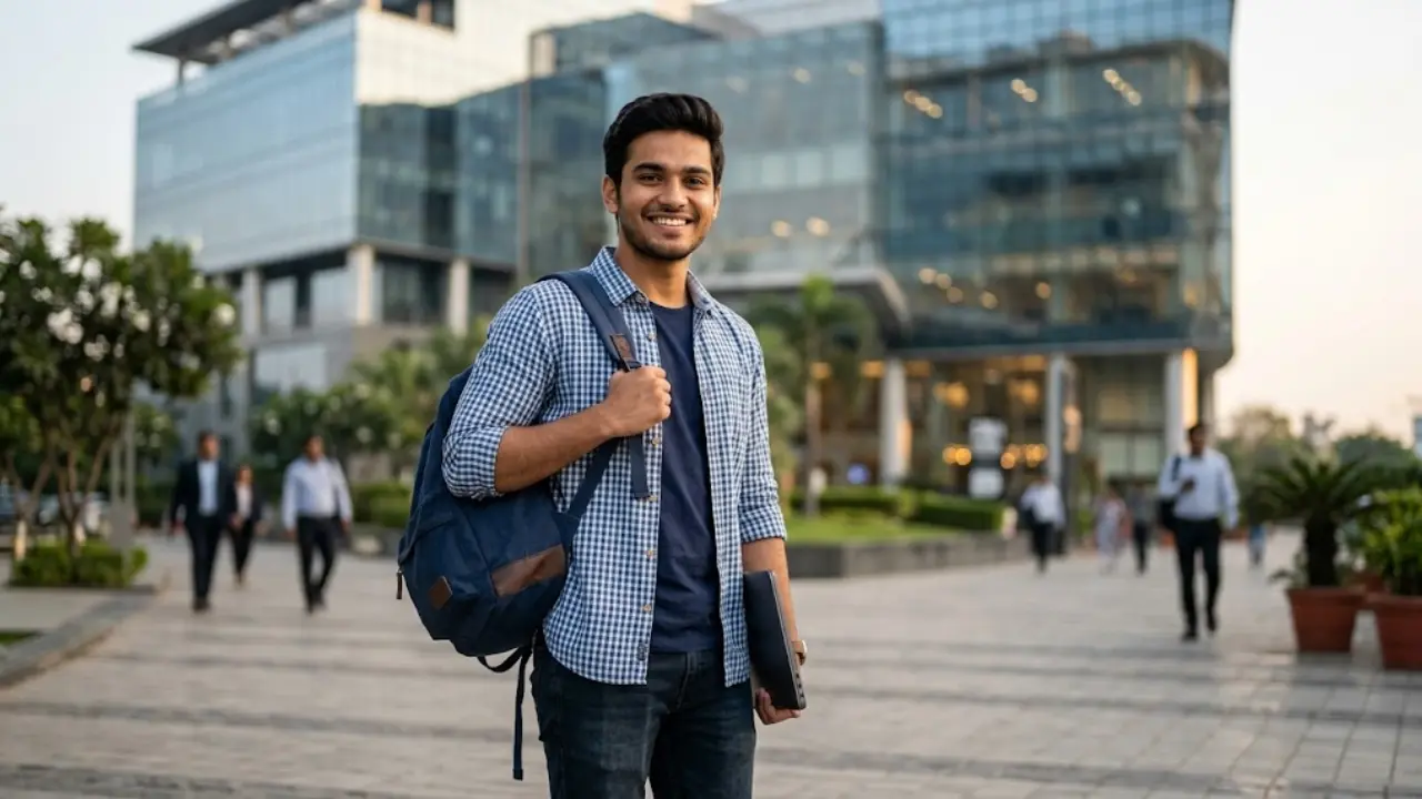 A professional photograph of a happy young Indian student representing PM internship scheme 2026 providing 9000 stipend.