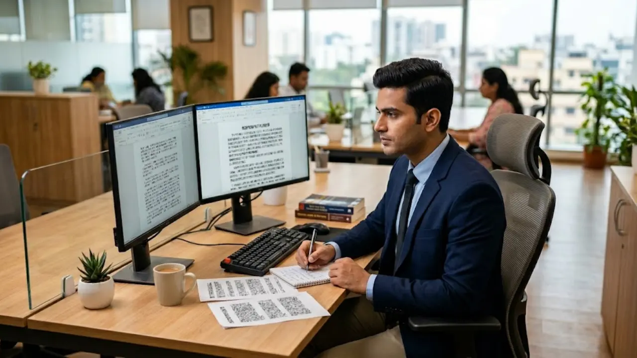 A professional photograph of a young Indian working on Hindi English translation representing SSC JHT recruitment 2026 notification telugu.
