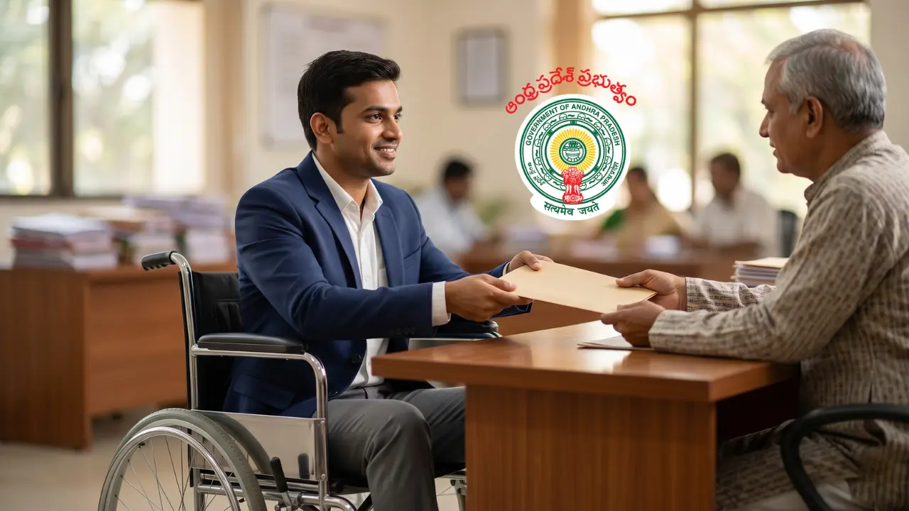 An excited specially-abled job seeker pointing at a notification about AP backlog jobs with no exam and no interview in Telugu.