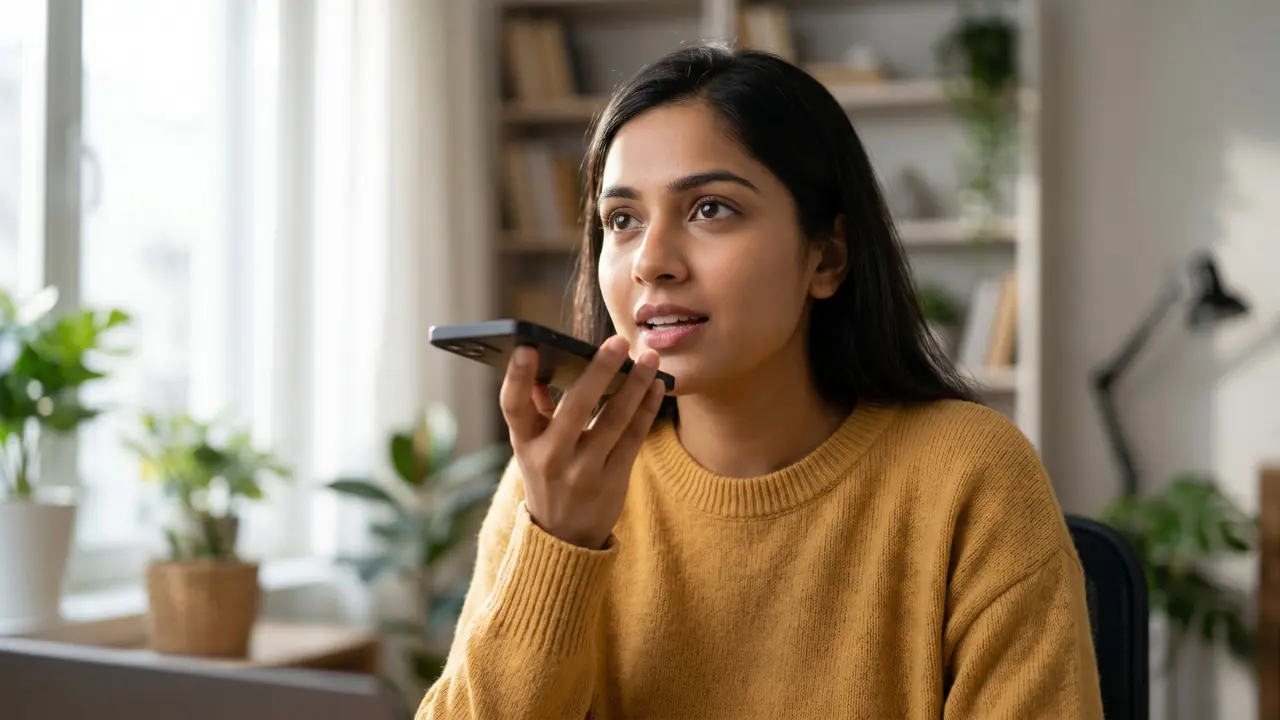 A professional photograph of a person recording voice on a smartphone representing Alignerr AI training recruitment 2026 telugu notification.