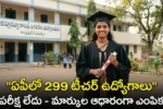 Indian youth pointing towards AP KGBV recruitment 2026 text representing 299 teacher jobs for women. The image features Telugu text translating to 'AP KGBV Jobs - Direct recruitment based on marks'. Taja Points AP govt job updates.