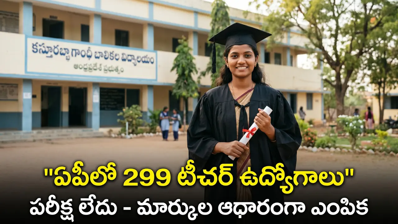 Indian youth pointing towards AP KGBV recruitment 2026 text representing 299 teacher jobs for women. The image features Telugu text translating to 'AP KGBV Jobs - Direct recruitment based on marks'. Taja Points AP govt job updates.