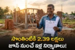 A hopeful Indian villager from Andhra Pradesh standing on an empty plot of land holding property papers, smiling and giving a thumbs-up. In the background, a new brick house is being built. The image represents the AP PMAY Gramin 2.0 rural housing scheme providing Rs 2.39 lakhs subsidy for the poor in Telugu.