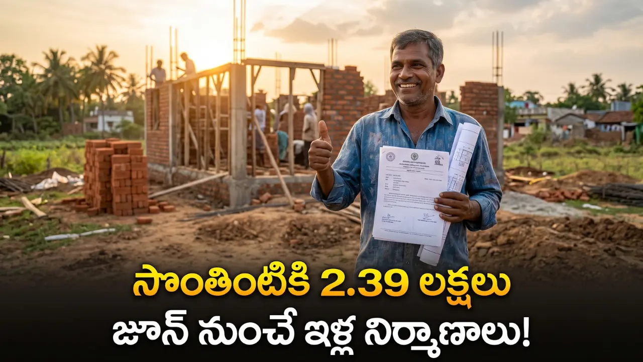 A hopeful Indian villager from Andhra Pradesh standing on an empty plot of land holding property papers, smiling and giving a thumbs-up. In the background, a new brick house is being built. The image represents the AP PMAY Gramin 2.0 rural housing scheme providing Rs 2.39 lakhs subsidy for the poor in Telugu.