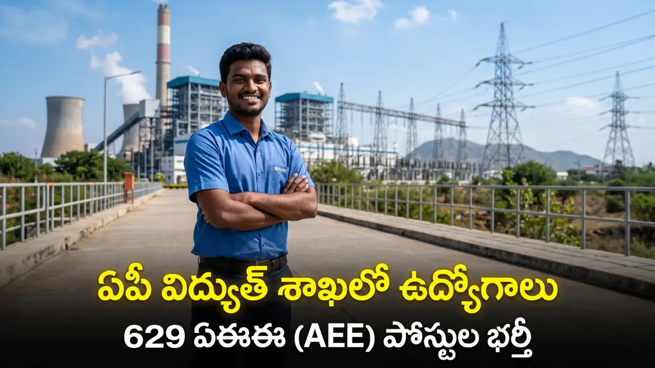 A happy Indian B.Tech graduate standing in front of a power plant, representing the 629 AEE jobs recruitment in AP Power Sector for Electrical and Civil engineers.