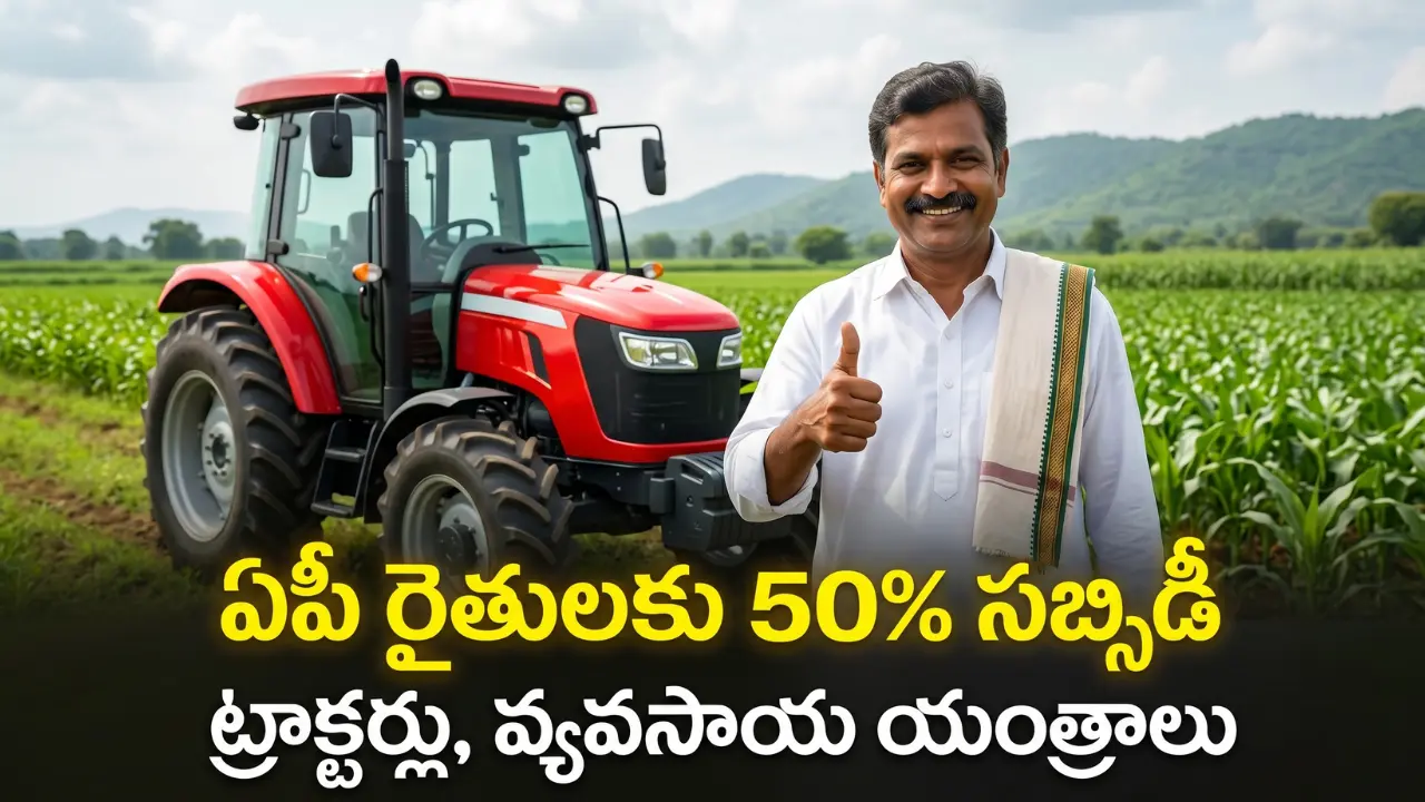 A middle-aged Andhra Pradesh farmer happily gives a thumbs-up while standing next to a new red tractor in a green field, representing dynamic environment. The bottom of the image has a dark gradient to ensure high readability for the Telugu text overlay, which clearly says "ఏపీ రైతులకు 50% సబ్సిడీ" in glowing yellow font and "ట్రాక్టర్లు, వ్యవసాయ యంత్రాలు" in bold white font below it, conveying dynamic environment and hope. Shot with strict facial consistency mode enabled. Modern editorial photograph, 16:9 aspect ratio, 1280x720 pixels, 8k resolution.