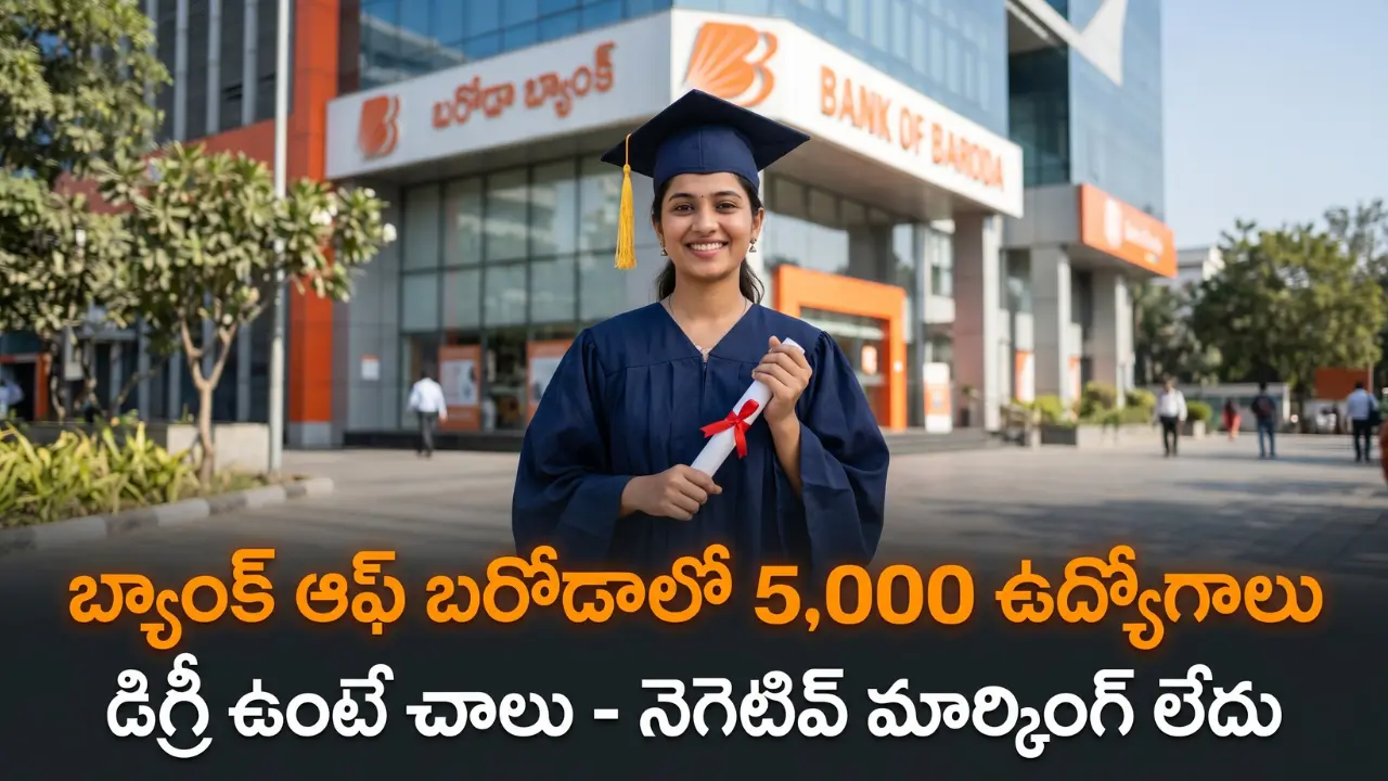 Indian youth representing Bank of Baroda (BOB) apprentice recruitment 2026 for 5000 jobs. The image features Telugu text translating to 'BOB 5000 jobs - No Negative Marking'. Taja Points job updates.