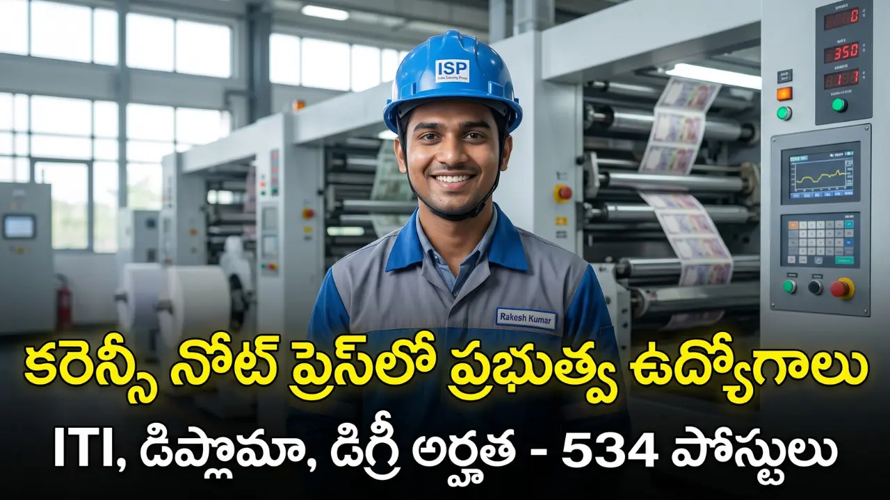 Indian youth showing a thumbs up representing CNP Nashik SPMCIL recruitment 2026 for 534 jobs. The image features Telugu text translating to 'Currency Note Press Jobs - 534 Vacancies'. Taja Points central govt job updates.