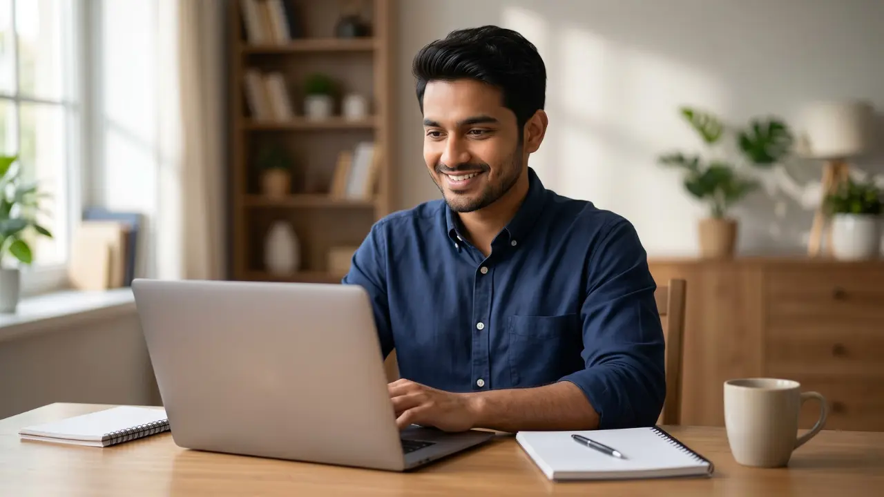 A professional photograph of a young woman working from home on a laptop representing Fresh Prints Jr HR Associate recruitment 2026 telugu.