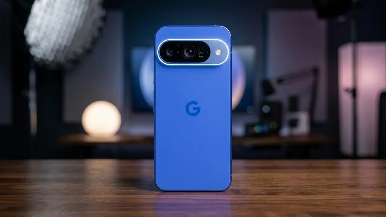 Google Pixel 11 Pro blue color smartphone with glowing LED camera module on a wooden desk, leaked specifications reviewed by Sudheer Sayana for Taja Points