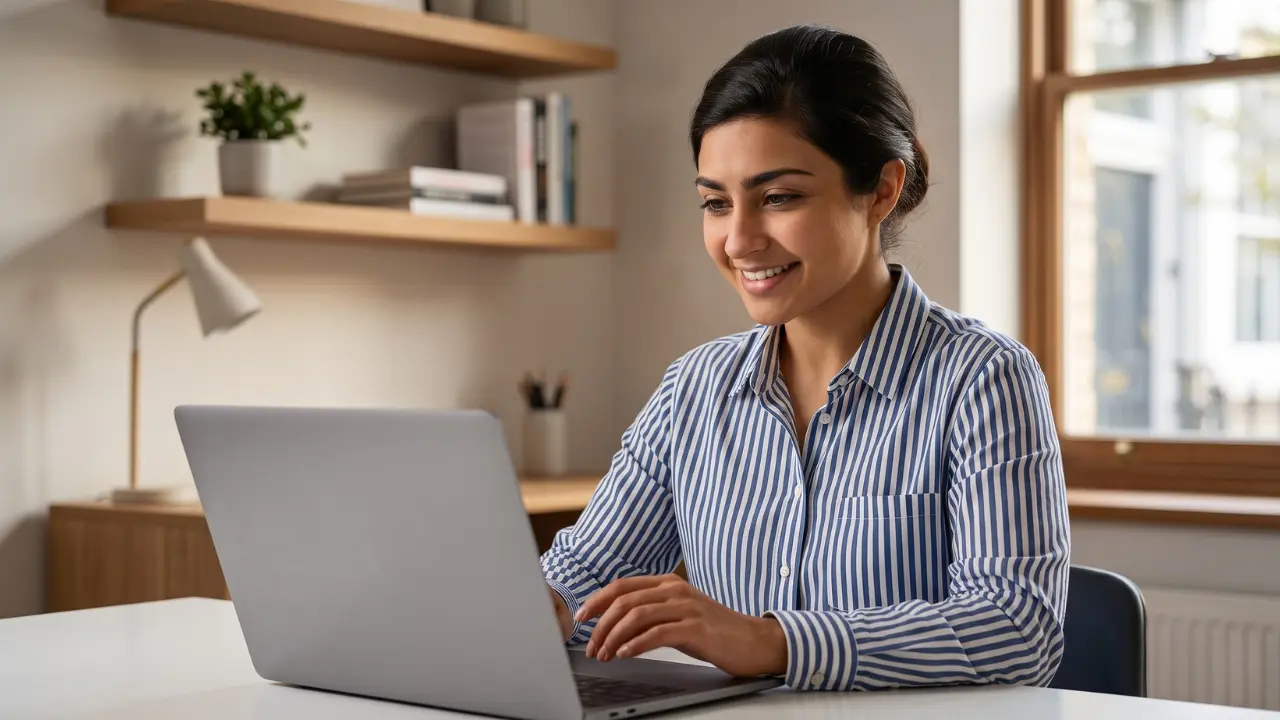 A professional photograph of a young Indian tech professional working on a laptop, depicting a freelancer overcoming a career gap in IT.