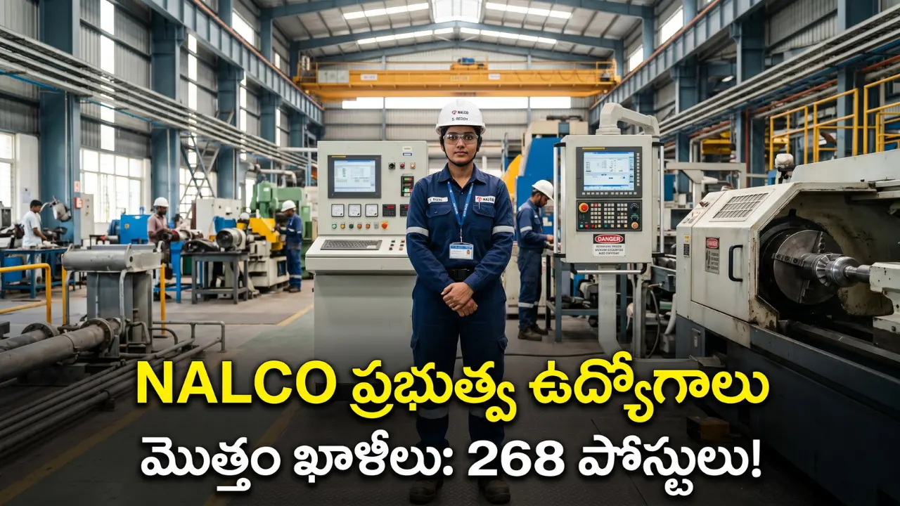 Indian youth in technician uniform representing NALCO Non-Executive recruitment 2026 for 268 posts. Image has Telugu text 'NALCO ప్రభుత్వ ఉద్యోగాలు - మొత్తం ఖాళీలు: 268'. Taja Points job updates.