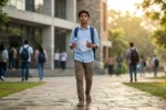 Indian student walking to NEET UG exam center with transparent water bottle and admit card following NTA dress code guidelines.