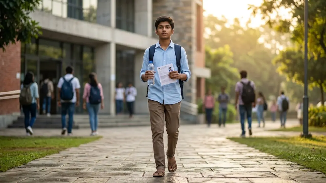 Indian student walking to NEET UG exam center with transparent water bottle and admit card following NTA dress code guidelines.