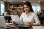 A professional photograph of a young Indian employee reviewing tax documents and a calculator, depicting the new income tax act 2025.