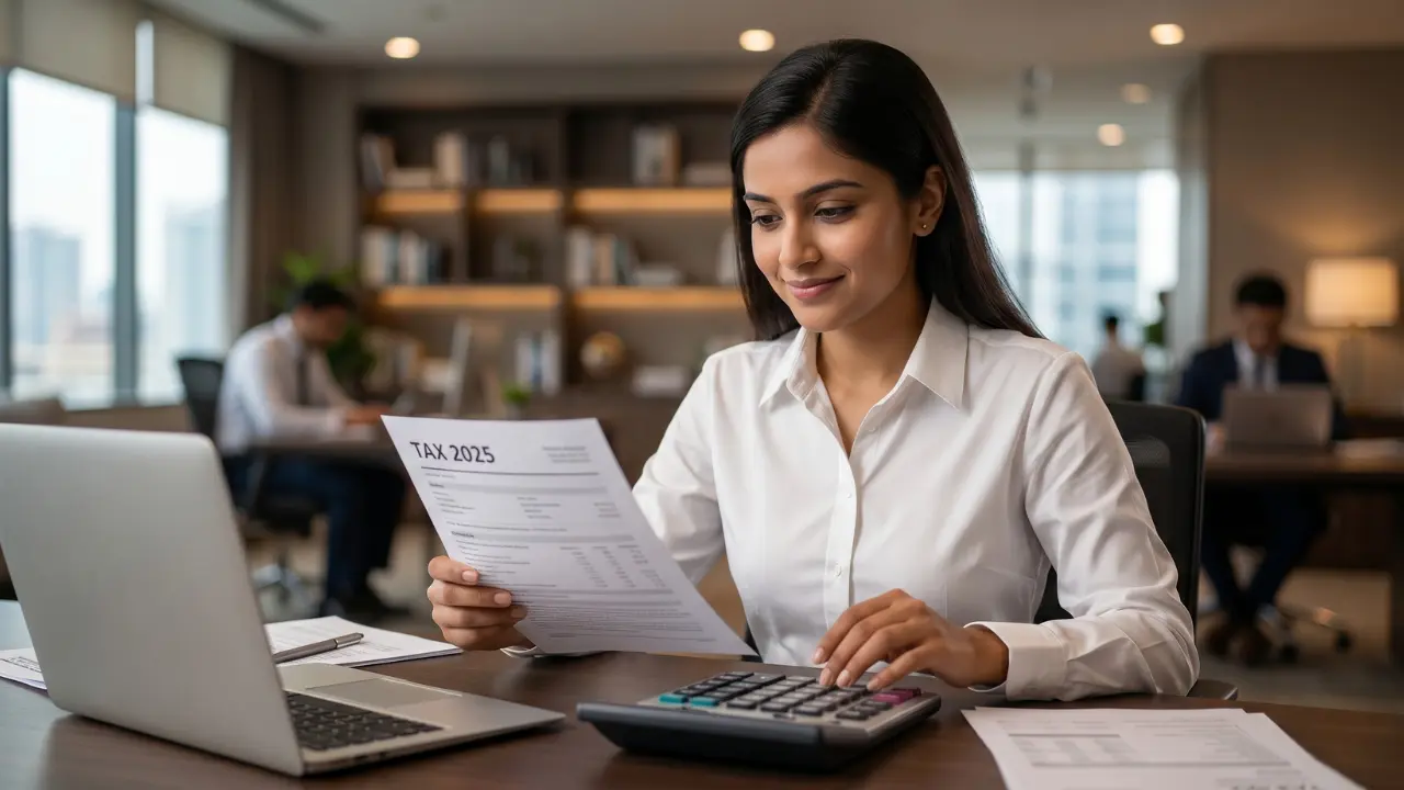 A professional photograph of a young Indian employee reviewing tax documents and a calculator, depicting the new income tax act 2025.