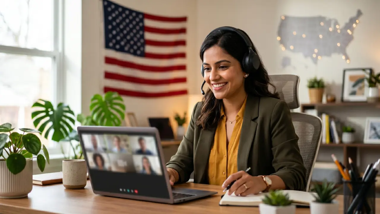 Confident Indian professional working from home on a laptop with US clients representing Persona virtual assistant remote jobs.