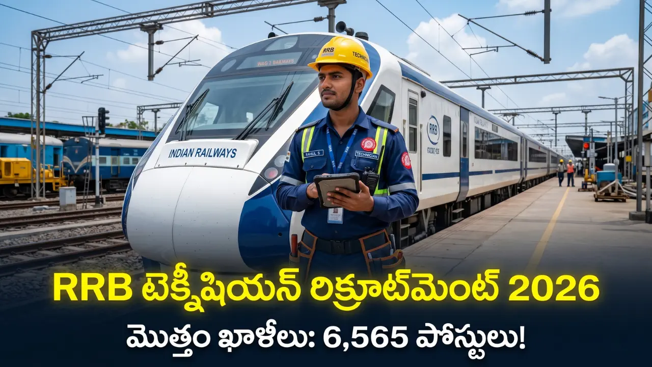 Indian Railways technician notification 2026 for 6565 vacancies in Telugu. Image features a technician near a train engine with Telugu text 'రైల్వేలో 6,565 ఉద్యోగాలు'. Taja Points job updates.
