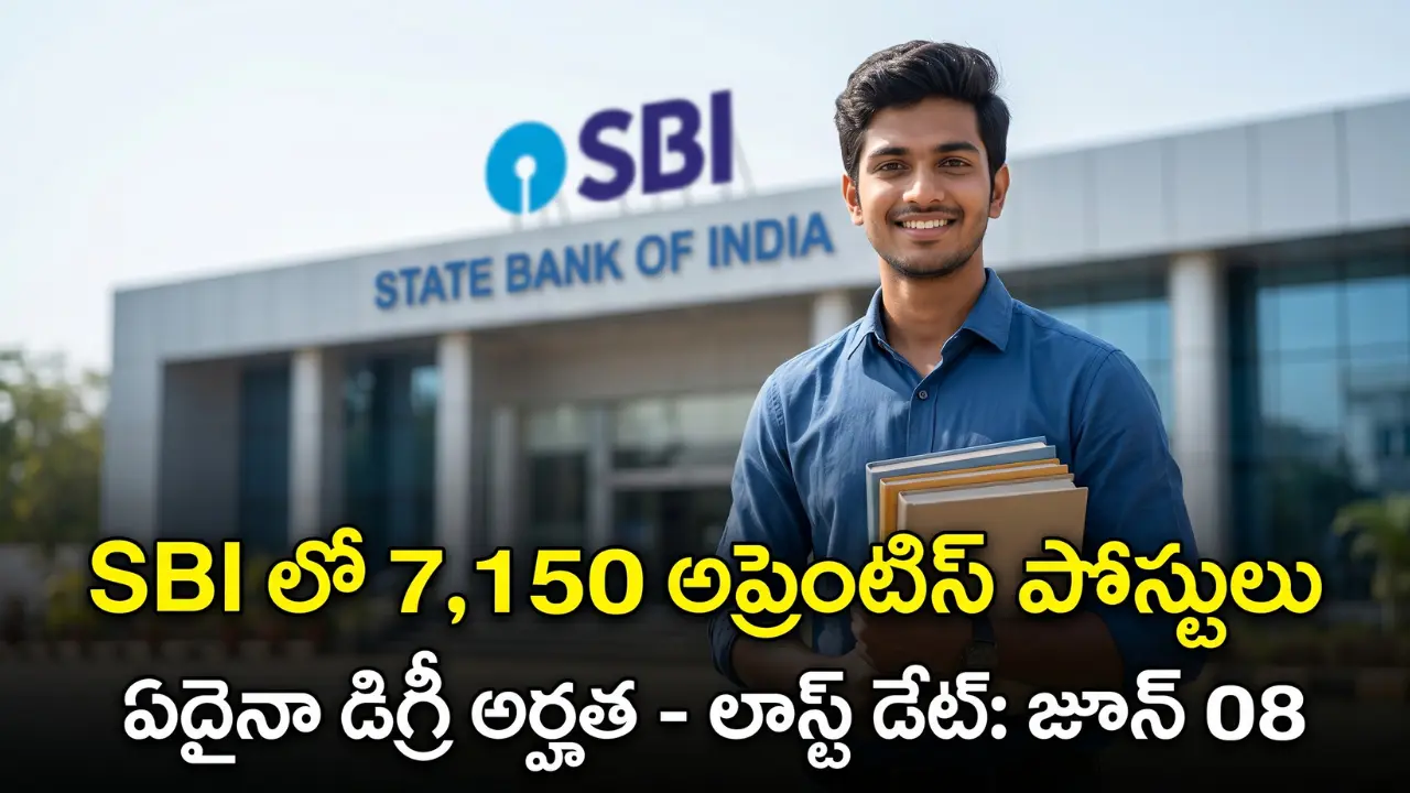 Indian youth holding books representing SBI apprentice recruitment 2026 for 7150 jobs. The image features Telugu text translating to 'SBI 7,150 jobs - Any Degree'. Taja Points banking job updates.