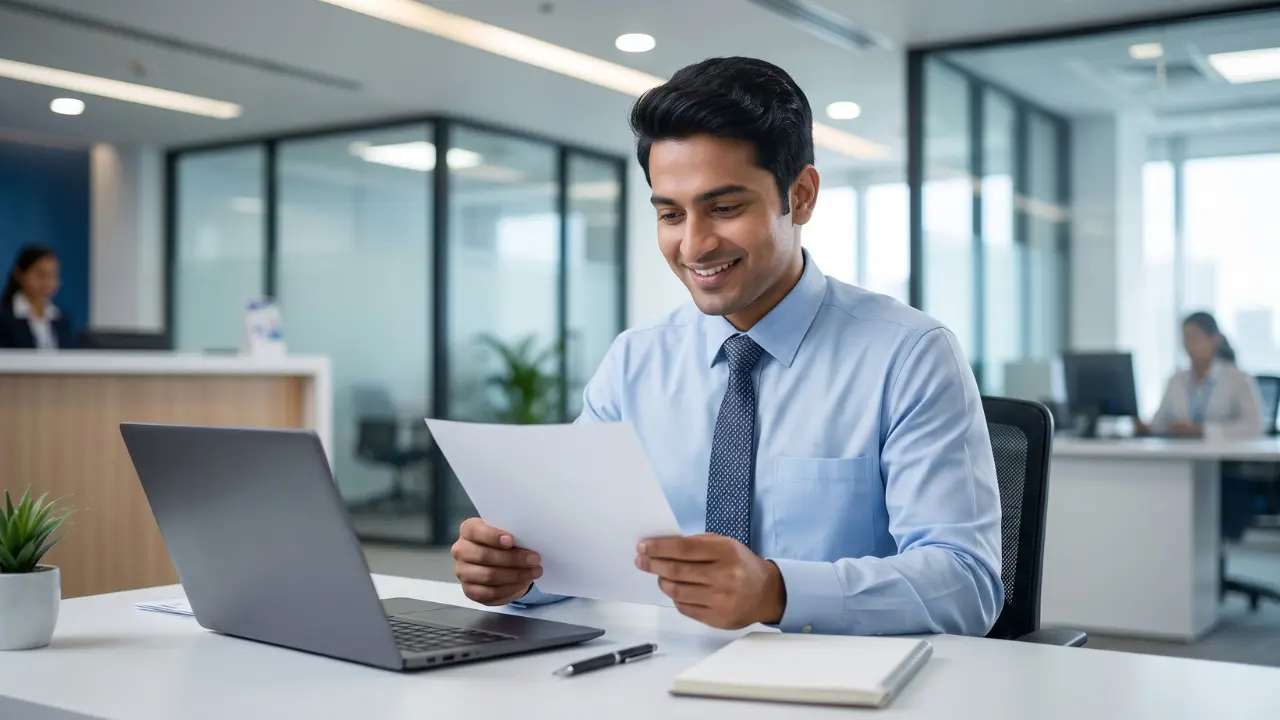 A professional photograph of a young Indian bank officer interacting with a customer, representing South Indian Bank recruitment 2026 for AP and Telangana.