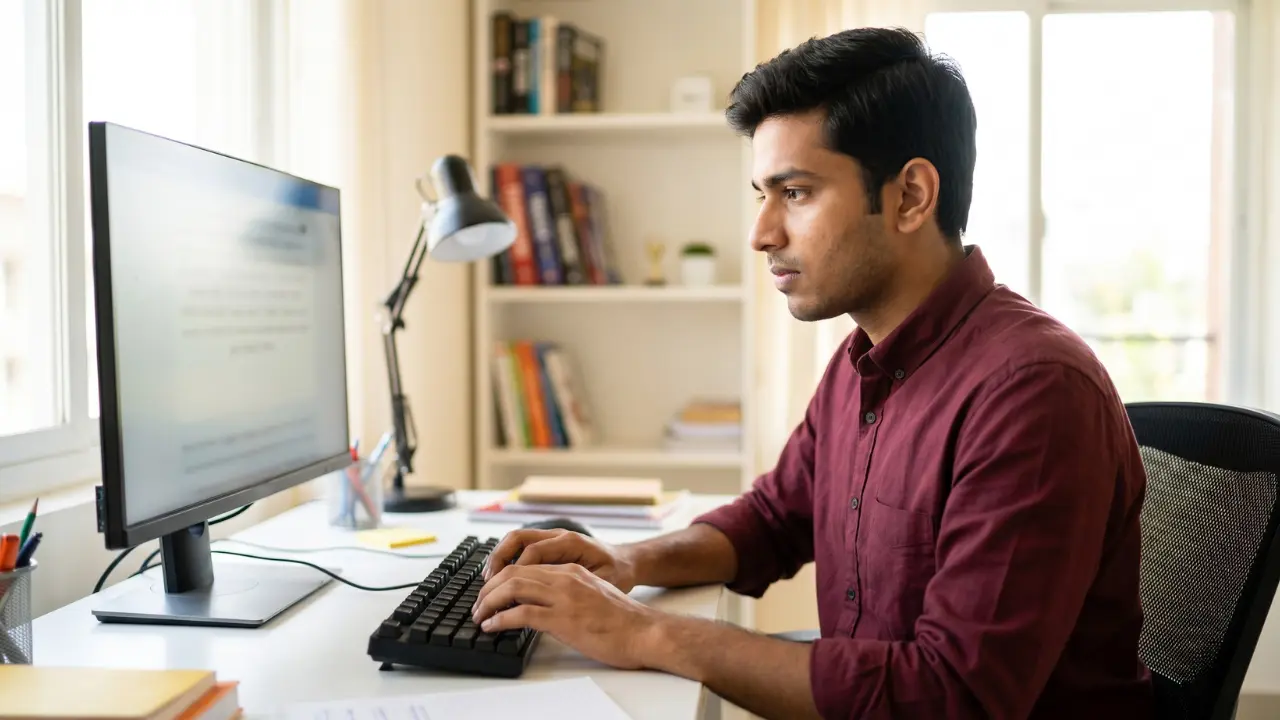 A professional photograph of a young Indian job seeker preparing for the SSC Stenographer exam on a computer.