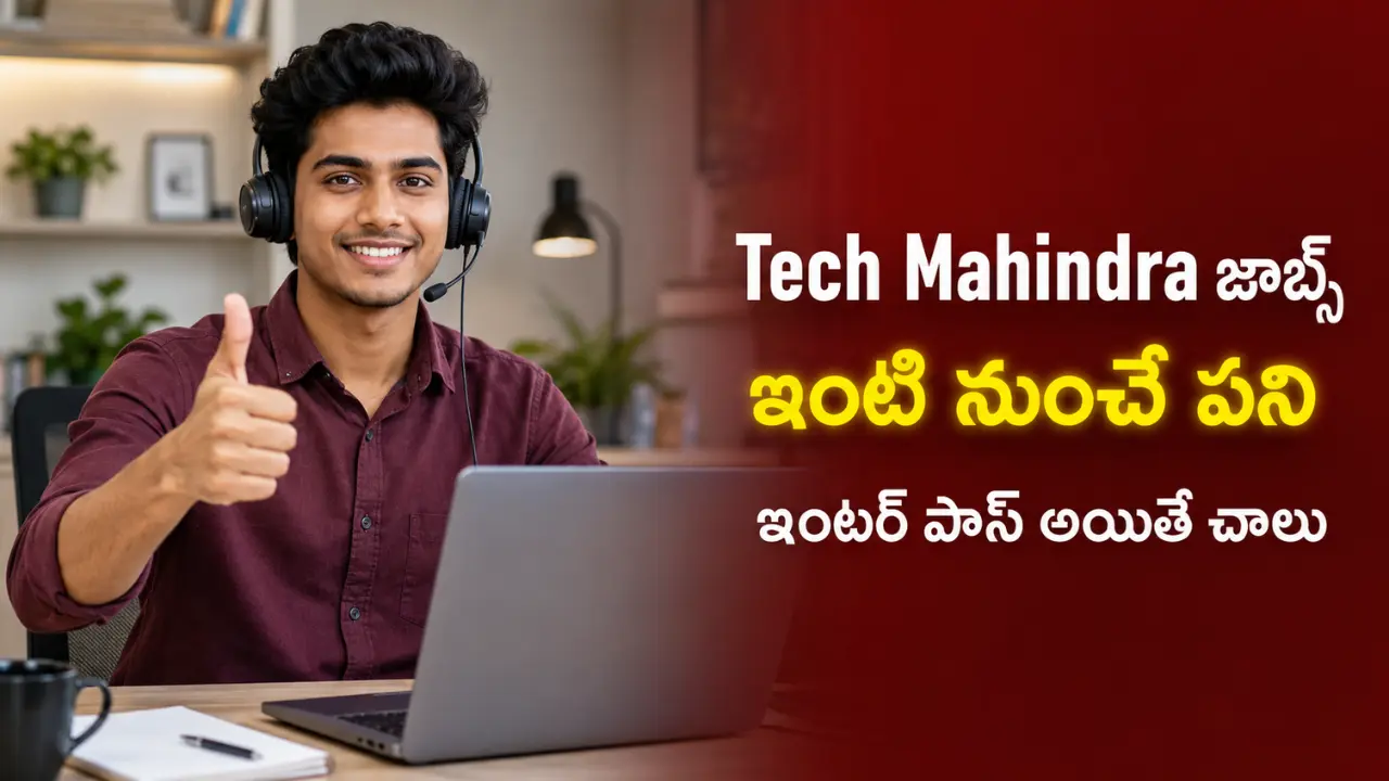 Young Indian professional working from home for Tech Mahindra customer support voice process jobs in Telugu 2026. 12th pass WFH jobs with direct HR contact number.
