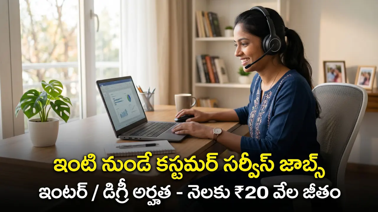 Indian youth working from home with headset representing Teleperformance Customer Service WFH jobs. The image features Telugu text translating to 'Teleperformance WFH Jobs - Upto 20k Salary'. Taja Points job updates.