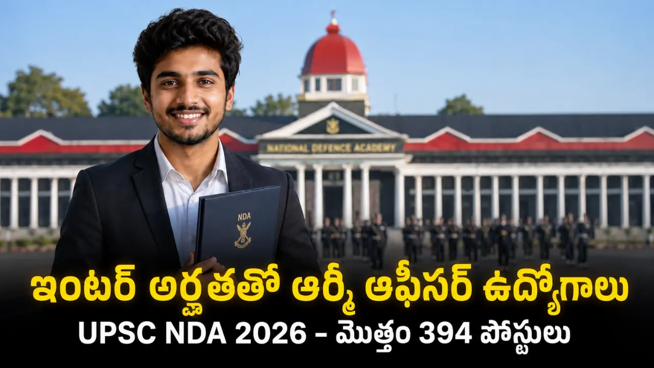 Indian youth pointing towards UPSC NDA 2 2026 recruitment notification text. The image features Telugu text translating to 'UPSC NDA Jobs - 12th Pass, 394 Posts'. Taja Points defence job updates.