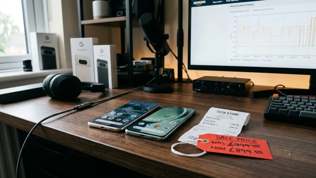 Two smartphones on a wooden desk with a red price tag showing price hikes during festival sales